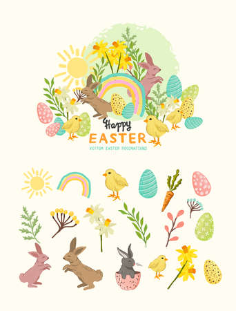 A collection of easter and spring illustration designs with rabbits, eggs and floral decorations. Vector collectionsのイラスト素材