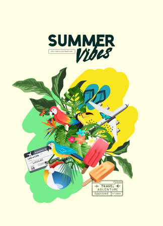 Tropical summer and travel adventure background layout. Vector illustrationのイラスト素材