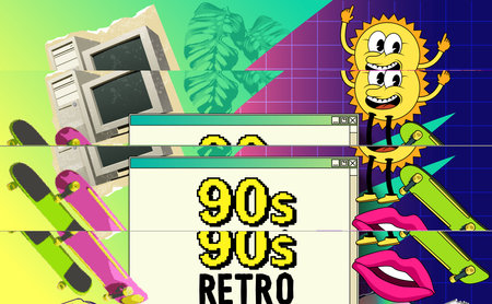 1990s retro background themed frame with iconic nineties objects and patterns. Vector illustration.