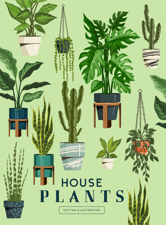 Green Indoor garden house plants collection. Botanical vector illustration.のイラスト素材