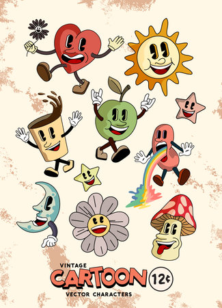 A collection of retro style happy cartoon characters smiling. Vector illustrationのイラスト素材