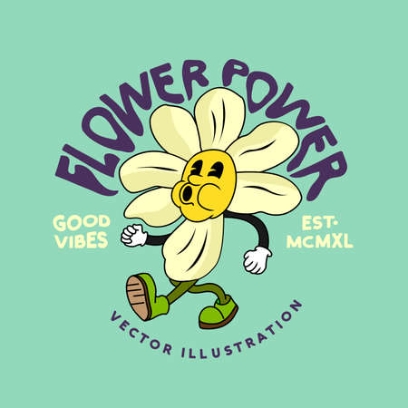 A vintage psychedelic flower character walking and whistling. Vector illustrationのイラスト素材