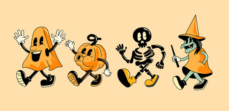 A collection of vintage style halloween characters including a ghost, pumpkin and witch. Vector illustrationのイラスト素材
