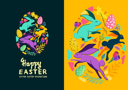 Bright and colourful happy easter egg hunt textures and layouts with rabbits. Vector illustration.のイラスト素材