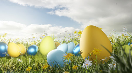 Deocration Easter eggs in a glass meadow filled with flowers a spring time. 3D illustrationの写真素材