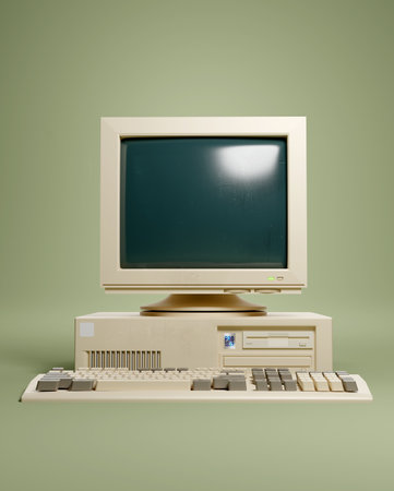 Classic retro 1990s beige home PC computer and CRT monitor. 3D illustrationの写真素材