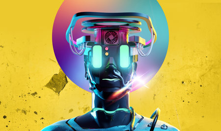 Futuristic Neon Cyber Human With Glowing Eyes. 3D people illustration