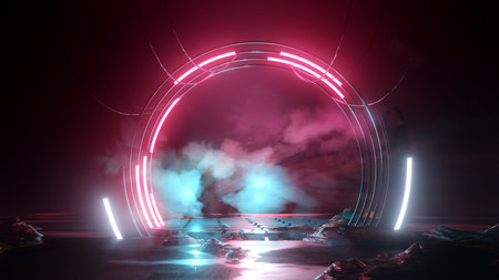 Neon glowing lights on a round futuristic podium stage background. 3D illustration.の写真素材