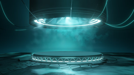 A large round futuristic platform podium stage with neon lighting. 3D illustrationの写真素材