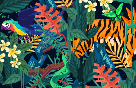 Modern and exotic rain forest shapes, patterns and brush strokes with wild animals and plant life. Vector illustration.のイラスト素材