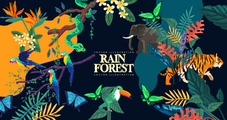 A collection of wild rain forest plants, trees and animals. Vector illustration layout background pattern.のイラスト素材