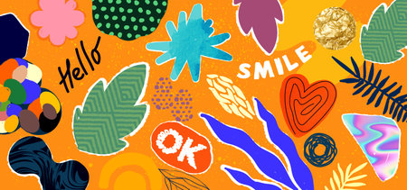 A vibrant collection of playful shapes, colours and patterns. Playful vector illustration layout.のイラスト素材