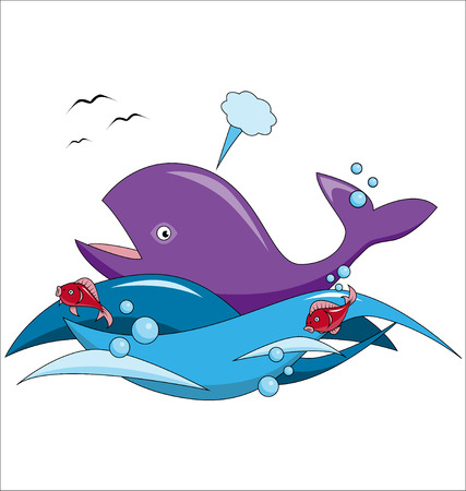 Cartoon whale and fish swim in the oceanのイラスト素材