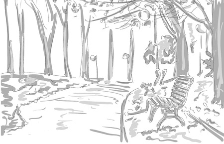 bench, lights, trees in the park, draw graphic design. vector illustrationのイラスト素材