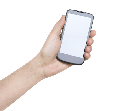 black vertical smartphone in man's hand white backgroundの写真素材