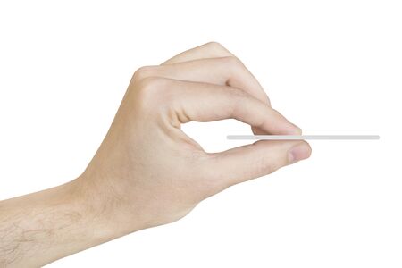 edge card in man's hand white backgroundの写真素材