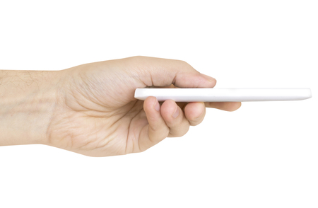 edge white smartphone in man's hand white backgroundの写真素材
