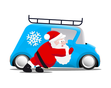 Santa pushing a blue mini car, vector illustrationのイラスト素材