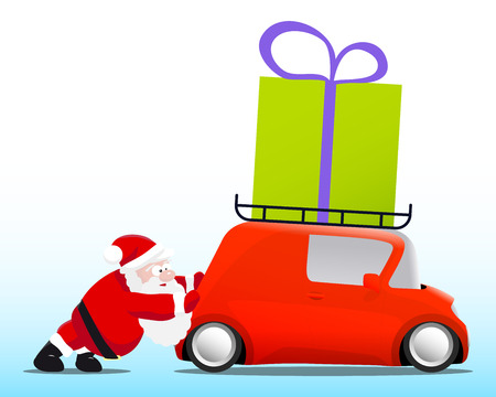 Santa pushing a red mini car with a gift box, vector illustrationのイラスト素材