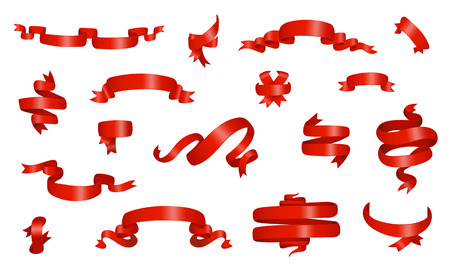 Red glossy ribbon different banners set. Vector illustration.のイラスト素材