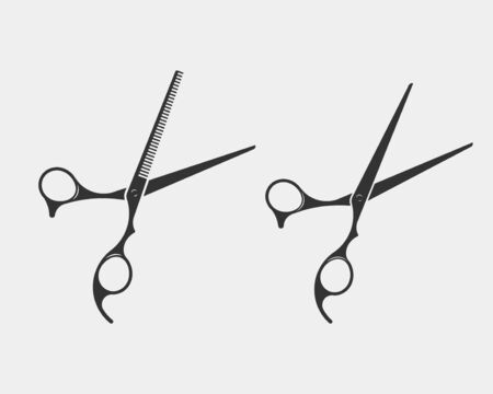Set hair cut scissor icon. Scissors vector design element or logo template. Black and white silhouette isolated.のイラスト素材