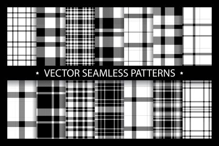 Plaid pattern seamless ornate. Set black white background. Fabric texture collection.のイラスト素材