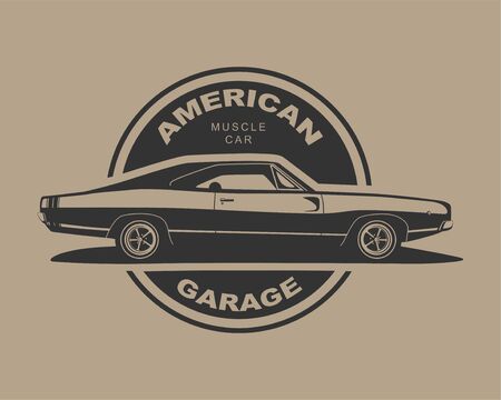 American muscle car vector. Supercar garage   template. Old auto silhouette label for web or print.のイラスト素材