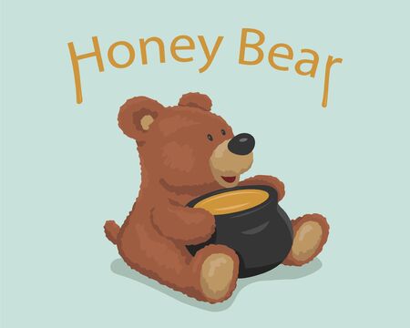 Fluffy cute bear and pot of sweet honey. Vector illustration for children.のイラスト素材