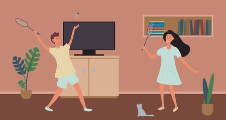 Home games during the quarantine period. A couple a guy and a girl are playing in an apartment in badminton. Vector illustration.のイラスト素材
