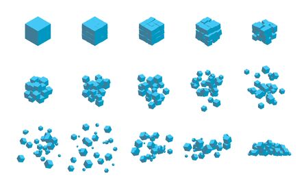 Stages of destruction of a cube by an explosion. Template for web illustrations and computer graphics. Vector illustrationのイラスト素材