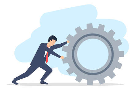 A young man in a suit, a businessman is rolling a big gear. The concept of labor and responsibility. Vector illustrationのイラスト素材