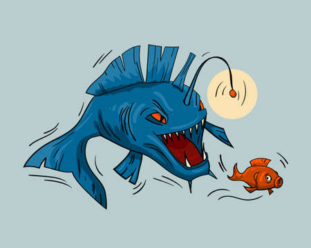Deep sea fish is an evil predator hunting for fry. Design for printing on at shirt. Vector illustration.のイラスト素材