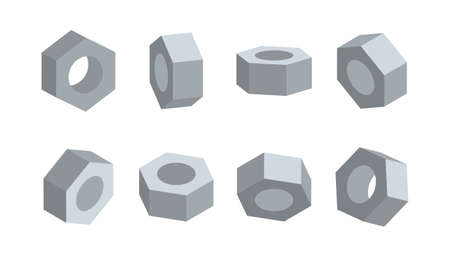 3D nut in various angles vector. Nuts top view, side view, half turn.