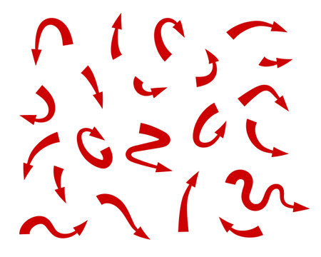 Red arrow icon indicating different direction. A set icons isolated on a white background for website banners ads and design elements.のイラスト素材