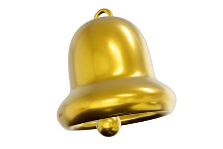 Golden bell isolated on white. Christmas jingle decoration. Shiny metal ring 3d render.の写真素材