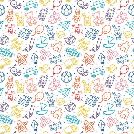 Seamless pattern of kids toys. Baby background, vector illustration for boy and girl. Fabric design from line icon.のイラスト素材