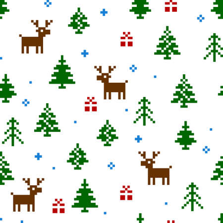 Winter Christmas vector seamless pattern. New Years pixel background with reindeer, tree, snow and gift. For greeting cards, gift wrapping paper, wallpapers.のイラスト素材