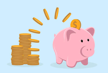 Piggy bank with coin vector illustration. Saving, investing and accumulation money. Pig in a flat style symbol banking or business services.のイラスト素材