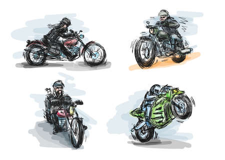 Biker on motorcycle hand drawn art set. Vector illustration for t shirt print or banner design.
