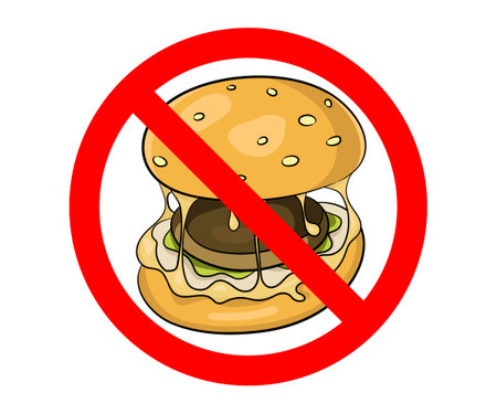 Fast food danger label. No Food Allowed Symbol. diet vector illustration.のイラスト素材