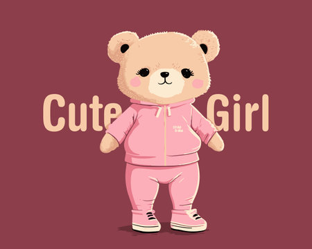 Cute girl slogan for casual clothes and girls teddy bear toy. vector illustration.のイラスト素材