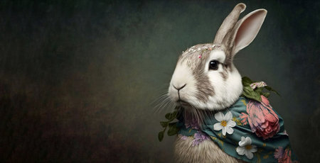 Easter Bunny next to eggs and flowers. Festive spring concept with rabbit. Generative AI.の素材