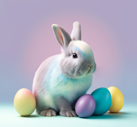 Easter Bunny next to eggs and flowers. Festive spring concept with rabbit. Generative AI.の素材