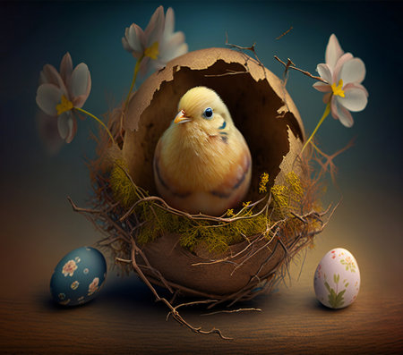Easter bird, holiday concept. Newborn chick next to the egg. Generative AI.の素材