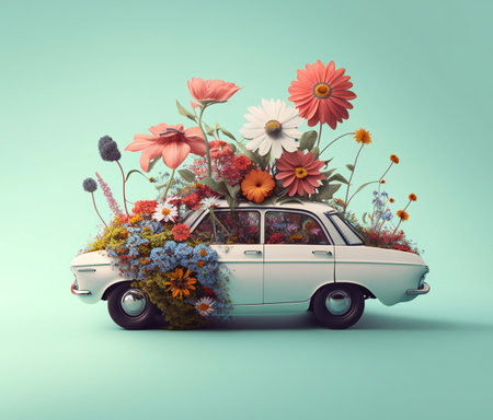 Car cover by flowers decoration. Retro hippie vehicle with flowers. Floral concept for wedding or romantic love gift. Generative AI.の素材