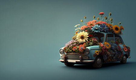 Car cover by flowers decoration. Retro hippie vehicle with flowers. Floral concept for wedding or romantic love gift. Generative AI.の素材