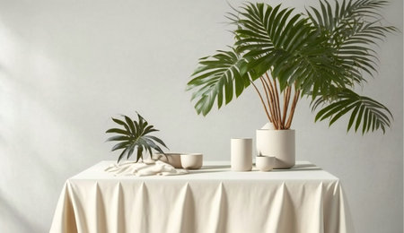 Podium template with foliage drop shadow for product. Beauty mockup with empty tray presentation. Modern blank pedestal advertising. Generative AI.の素材