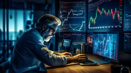 A dedicated trader diligently analyzes stock market graphs on an impressive setup of expansive multi monitor workstations, utilizing mobile app analytics for in depth cryptocurrency and investment growth chart analysis. AI generative.の素材