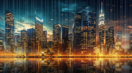 Innovative vision of business success and wealth management is depicted through real estate investment analysis, showcasing a stack of coins alongside a growth graph. Strategic planning aims to maximize profits, while the concept incorporates future urban and corporate architecture. skyscraper facade. AI generative.の素材