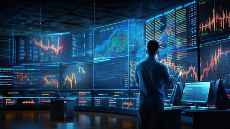 A dedicated trader diligently analyzes stock market graphs on an impressive setup of expansive multi monitor workstations, utilizing mobile app analytics for in depth cryptocurrency and investment growth chart analysis. AI generative.の素材